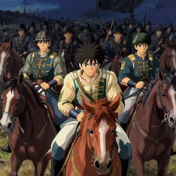 calvary soldiers riding into the dark on the battlefield. hyperrealistic anime background illustration by kim jung gi, colorful, extremely detailed faces, intricate linework, smooth, super sharp focus, bright colors, high contrast, matte, octopath traveler, studio ghibli, unreal engine 5 highly rendered, global illumination, radiant light
