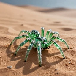 Green crystal spider crawling on a desert ground.