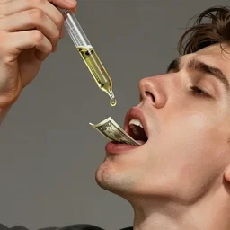 raised pipette filled with liquid dollar bills drips down into a man's mouth, digital illustration, detailed, artsy, talented