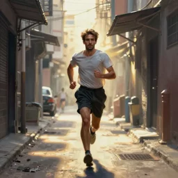 a man running down an alley in hong kong, art by moebius