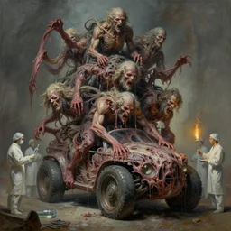 oil paint of terrifying, tick vehicle wearing flayed gods, in tiers, glass medical instrument attendants by wayne d barlowe, basil gogos, boris vallejo, stefano tamburini, torch light, muted colors, epic, hyper detailed, awe inspiring, award winning horror, hyper realism, cinematic