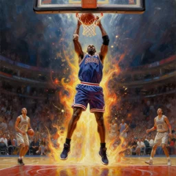 ''cinematic shot'' charles barkley chaos dunk sparks flying symmetrical 8 k atmospheric realistic, holding a basketball, made by ivan aivazovsky, peter mohrbacher, greg rutkowski volumetric light effect broad light oil painting painting fantasy art style sci - fi art style realism premium prints available artwork unreal engine