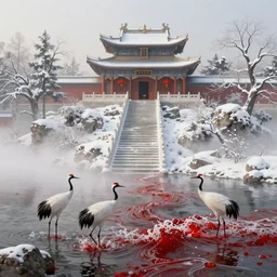 a gorgeous landscape painting by barlowe wayne maxfield parrish and marco mazzoni. winter morning. chinese temple. he winding steps. three cranes splashing in the water. ultra clear detailed. 3 d, octane render. turbulent blood lake. fog