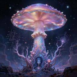 enormous mushroom sentience deity of the stars resides inside void manifold, mycelium branches as quantum foam, fractal of scary dirac equations, portrait by ross tran, timeline nexus, ascending universes, a dnd illustration of esoteric concept by cgsociety and james gurney, artstation, hdr, rtx, iridescent wise mushroom deity