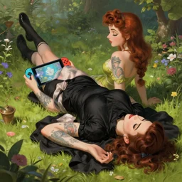 black dress tattooed pinup lies at the garden playing with the nintendo switch, deep focus, turnaround, fantasy, intricate, elegant, highly detailed, digital painting, artstation, concept art, matte, sharp focus, illustration, hearthstone, art by artgerm and greg rutkowski and alphonse mucha.