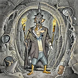 dogbert as leader of illuminati dark cavern torches terrifying grim highly detailed by frank frazetta and scott adams