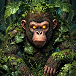 an ape plant monster, menacing expression, nature themed, 4 k, glowing amber eyes, intricate details, highly detailed, kentaro miura art style