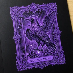 black paper + elements + purple + black + neon + baroque + rococo + ink + tarot card with ornate border frame + sébastien mitton, viktor antonov, sergey kolesov, detailed, intricate ink illustration + magic + glow :: + outline + laser + purple + black::2 cyborg raven::2
