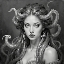 medusa portrait painting, black and white, artstation, detailed, blurred background