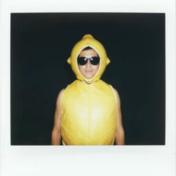 polaroid photo of a man in 1 9 9 5 wearing a lemon costume with sunglasses