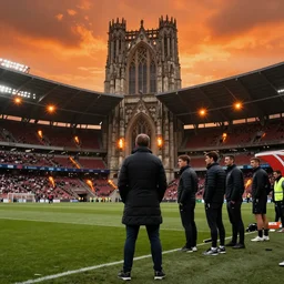 A stoic football manager directing his team on the sideline of a giant gothic stadium, apocalyptic orange sky, flares in the stands