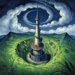 a tower, nightly, spiral, naive nerikomi, weird perspective, extra narrow, detailed illustration, scenic spiral environment by rhads from lorax movie, trending artstation, true color, fisheye, grass field mountainous terrain, spiral clouds