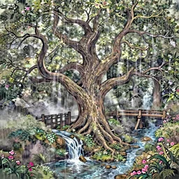 an ancient beautiful tree in middle of a clearing, ornate, beautiful, atmosphere, vibe, mist, rain, wet, puddles, waterfall, clear stream, bridge, forest, flowers, concept art illustration, color page, tone mapping, akihiko yoshida, james jean, andrei riabovitchev, marc simonetti, yoshitaka amano, digital illustration, greg rutowski, volumetric lighting, sunbeams, particles