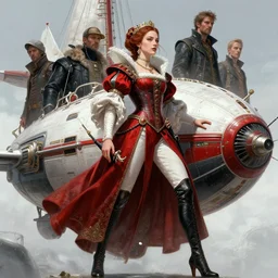 masterpiece concept art, a beautiful highly detailed sci - fi renaissance lady in airship, confident pose, by ilya kuvshinov, magali villeneuve, artgerm, jeremy lipkin and michael garmash and rob rey, 8 k, intricate detail, cinematic lighting, red white and black colors