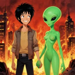 a picture of a happy subgenius and sexy green alien holding hands in front of a burning city, a detailed matte painting by mort kunstler, pixiv, kitsch movement, hellish background, movie poster, official art