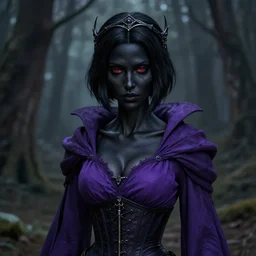 full portrait of a dark fantasy female necromancer, black skin, skinny, small chest, saggy purple robes, pretty, black bob haircut, red eyes, circlet, corset, finesse, key visual, realistic shaded perfect face, gloom, fine details, forest background, smooth, highly detailed, digital illustration, by artgerm, rossdraws, frank franzzeta