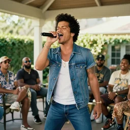 bruno mars loudly singing to a group of people sitting under a backyard patio. daytime