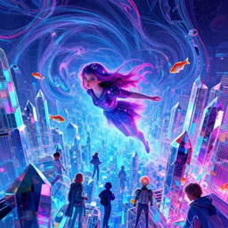 cosmic girl and fish float over infinite crystal city, ( ( ( synthwave ) ) ), ( ( fractal waves ) ), bright neon colors, highly detailed, cinematic, tim white, roger dean, michael whelan, caza, bob eggleton, philippe druillet, vladimir kush, kubrick, alfred kelsner, isono, kimura, vallejo