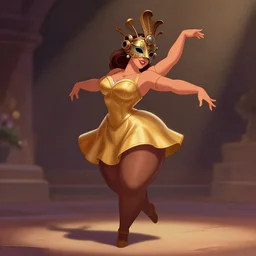 an animation fantasy illustration of a beautiful ancient dancer, thick tights, curvy, wearing a beautiful intricately detailed steam punk crow mask and clasical gold short dress, by disney, beautiful dynamic epic lighting, shadows, romantic atmosphere, artstation, cartoon art, octane render, 8 k