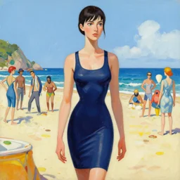 greg manchess painting of tracer wearing a skintight dress in a beach, medium shot, organic painting, sunny day, bold shapes, hard edges, street art, trending on artstation, by huang guangjian and gil elvgren and sachin teng and artgerm and greg rutkowski and alphonse mucha