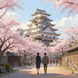 walking around obi castle!! town!, miyazaki, japan. volumetric lighting, spring early morning, late afternoon, ( cherry blossom trees ), nice weather!!!, few clouds!!!, realistic illustration, perfectly shaded, soft painting, art by krenz cushart and wenjun lin