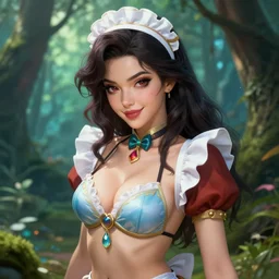 A beautiful female maid wearing a magical bikini in a magical forest, detailed face, flirting look, fantasy art, in the style of artgerm, illustration, epic, fantasy, intricate, hyper detailed, artstation, concept art, smooth, sharp focus, ray tracing, vibrant