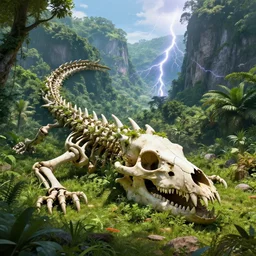 a photo of a giant dragon skull skeleton overgrown by nature lying in a valley surrounded by a lush jungle, wide shot, sunny, extremely high detail, 8 k, volumetric lightning, unreal engine, photorealism, hyperrealism