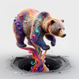 Bear, delicately positioned and entwined in vibrant fluid hues, is being drawn and spaghettified into a blackhole, Fantasy, hyperrealism, 4k, volumetric lighting, three dimensions, spaghettification, a digitally transformed world, user interface design, 3D modeling, artstation, illustration, and transportation design. art by Andrew Chiampo, Frederik Heyman and Jonathan Zawada,