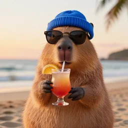 a photorealistic picture of a knitted Capybara wearing sunglasses, a blue beanie cap and sipping from a refreshing cosmopolitan drink at the beach during sunset Trending on Artstation, featured on Behance, well-rendered, fine detail, extra crisp image, Unreal Engine, 4K HD
