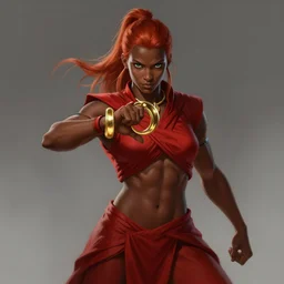 Full body Picture of a Battle Dancer, arab inspired, wearing two metallic rings, dark brown skin, light red hair, waist reaching ponytail, crimson attire, exposed midriff, battle, detailed face features, dark green eyes, marked abdomen muscles, D&D, by artgerm and Craig Mullins, James Jean, Andrey Ryabovichev, Mark Simonetti and Peter Morbacher, matte painting, trending on artstation, artstationHD, artstationHQ, octane, full HD, 16K, alluring, sensual, gold