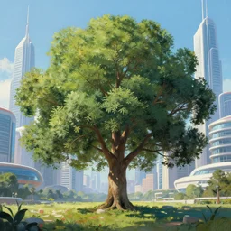 a large tree amongst the futuristic city beautiful painting