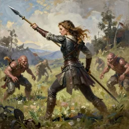 kate beckinsale impale nasty goblin with spear, field of slowers, oil painting, Tooth Wu, Greg Rutkowski, RPG portrait, dynamic lighting, fantasy art, High contrast, depth of field