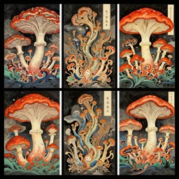 fantastic, fungi from another realm, 4 panel design, trippy colors, japanese classical artwork