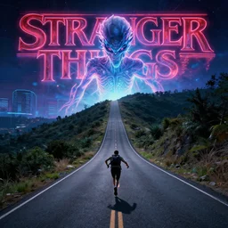 i'd be running up that road, be running up that hill,, stranger things, mind flayer, cyberwave, vector graphics, cinematic, photorealistic, artstation, highly detailed, volumetric lighting