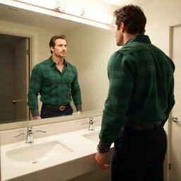 ultra wide angle photo of henry cavill dressed in a a green flannel shirt and black dress pants as clark kent looking at himself in a bathroom mirror and seeing his reflection as superman