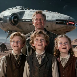 extremely sharply detailed, from blockbuster sci fi 8 k color movie freeze frame, set in 1 8 6 0, family standing in front of a crashed spaceship, on alien planet, looking happy, wearing 1 8 5 0 s era clothes, atmospheric lighting, in focus, reflective eyes, 3 5 mm macro lens, live action, nice composition, good photography, extreme facial details