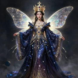 hyperrealist portrait of a fairy girl emperorit is decorated with long robes that fall like stars and wears a huge crown. by daniel f. gerhartz, fantasy art, photo realistic, dynamic lighting