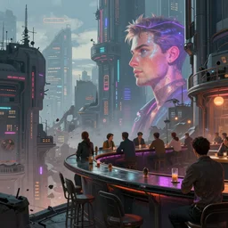 an intricate digital illustration concept art of a people on a rooftop bar in a cyberpunk megastructure city overviewing a desolate destroyed city, sci-fi, cinematic lighting, hyper realistic, art by dylan cole, detailed matte painting, digital art,  neon color palette