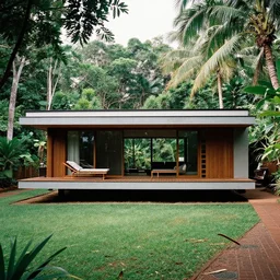 A tropical modern villa designed by Charles Eames in a forest of Goa, photograph by Harry Gruyaert, shot on large format film camera, natural light, trending on VSCO, 8K, super-resolution