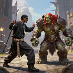 snoop dogg and Jaina Proudmoore fighting orcs in stormwind city, realistic
