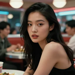 movie interior closeup beautiful Chinese fashion model team closeup joking at 50s diner, night in the city, beautiful skin, by Emmanuel Lubezki