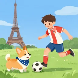 illustration of french boy playing football with a corgi wearing a polka dot scarf in paris