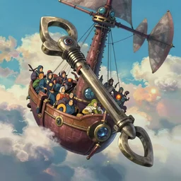 a wholesome animation key shot, mercenaries fantasy airship, studio ghibli, pixar and disney animation, sharp, rendered in unreal engine 5, anime key art by greg rutkowski, bloom, dramatic lighting, volumetric lighting!!