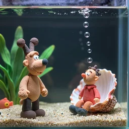 plasticine model, clay figures. side view of tropical fish tank with sand and gravel wallace and gromit. tintin. where's wally. figures clay. water. aquatic photography. bubbles out of a shell