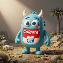 A Colgate-shaped monster as advertisment for toothpaste, 3D physical tactile illustration vintage