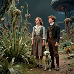 detailed, sharp, a girl and a boy standing next to some strange wild alien plants, looking happy, wearing 1850s era clothes, their small pet alien creature is standing nearby, in a park on a strange alien planet, extremely highly detailed, still from a classic period sci fi color movie, 4k, 35mm macro lens, cinematic lighting