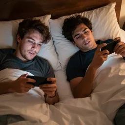 two guys laying in bed playing games on there smartphones