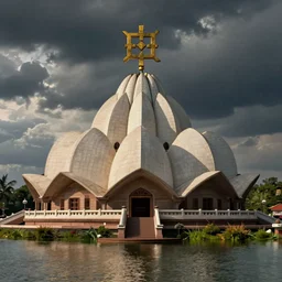 A beautiful Hindu temple in front of a lake with a big sauwastika symbol on top, 50mm photo