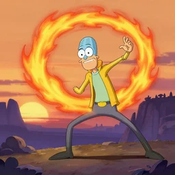 squidward firebending outside at susnset, art by moebius