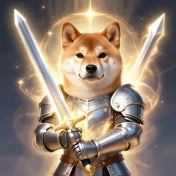 realistic anthropomorphic shiba inu, paladin armor, holding sword glowing holy light aura, fantasy, holy light, portrait art by donato giancola and greg rutkowski, realistic face, visible holy aura, digital art, trending on artstation, symmetry